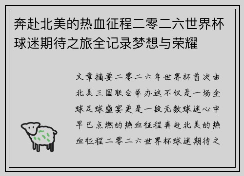 奔赴北美的热血征程二零二六世界杯球迷期待之旅全记录梦想与荣耀